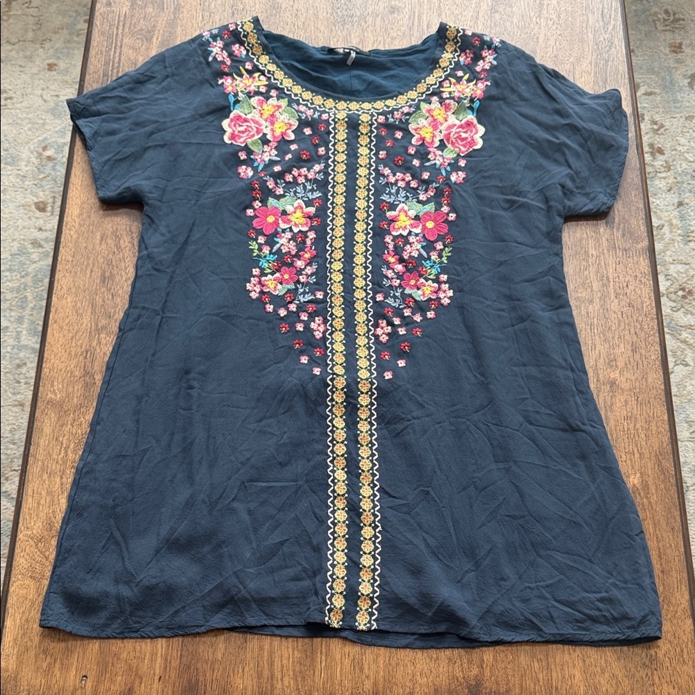 Navy Floral Embroidered Short Sleeve Dress